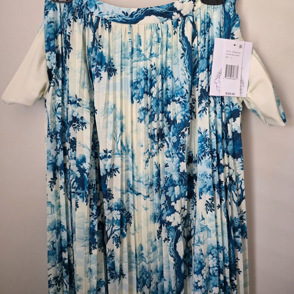 NWT Feminine Mestiza Pleated Blue and Ivory Print Midi Skirt | Women's Size: 4 - Picture 3 of 6